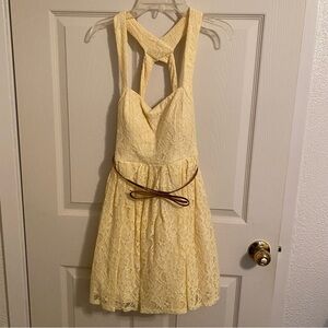 Jodi Kristopher Yellow Lace Mini Dress with Crisscross Back